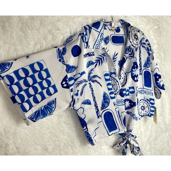 NWT Peach Medium Blue & White Short Sleeve Crop Top Waist Tie Collared V-Neck - Picture 5 of 8